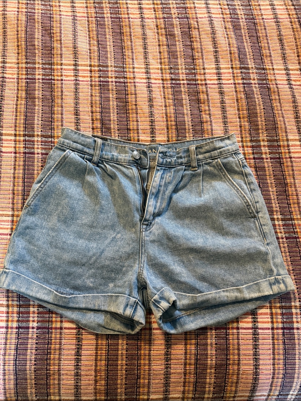 American Eagle Outfitters Light Wash Denim High-Rise Rolled Hem Shorts